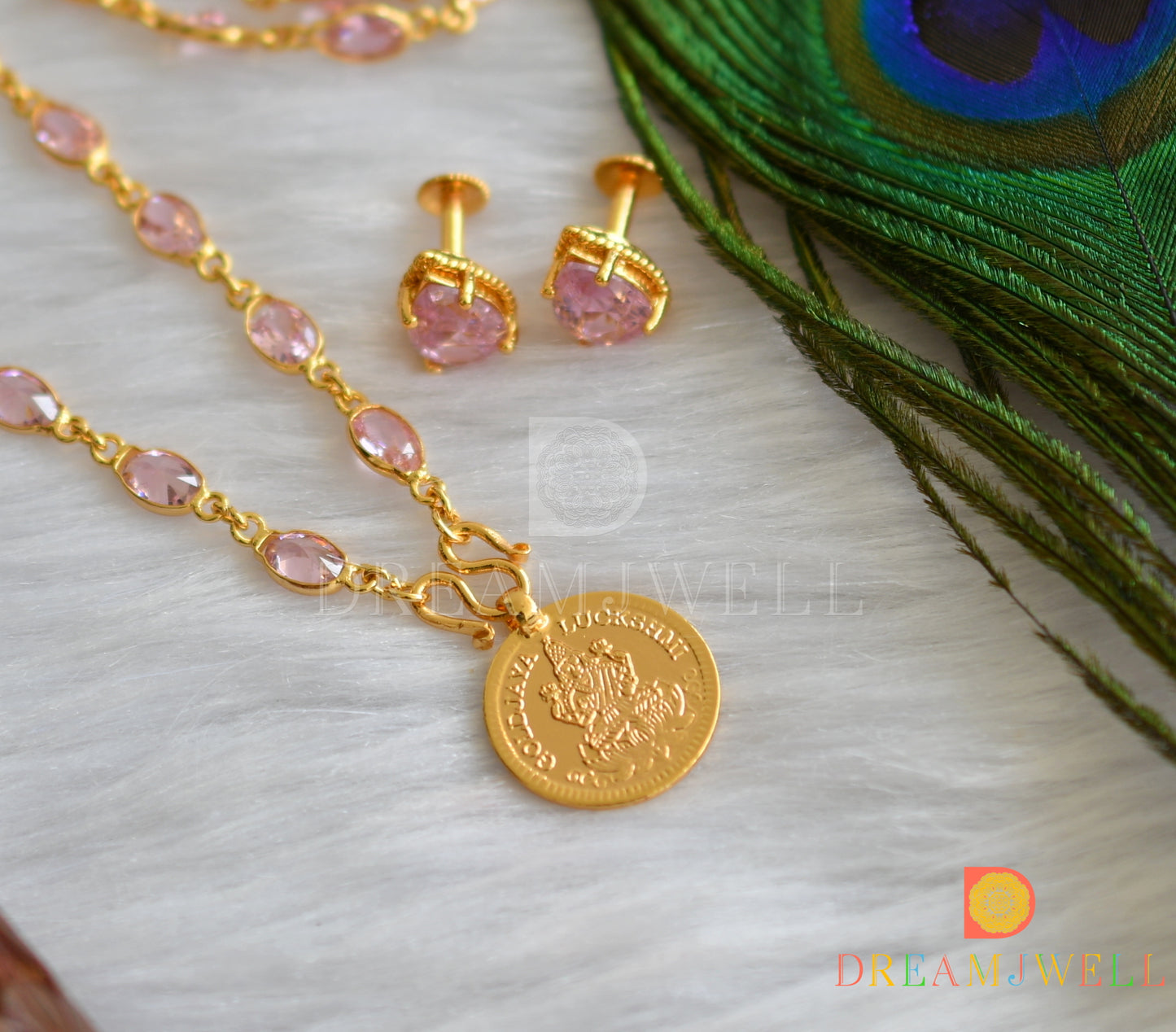 Gold tone baby pink stone chain Lakshmi coin pendant with pair of earrings dj-38061