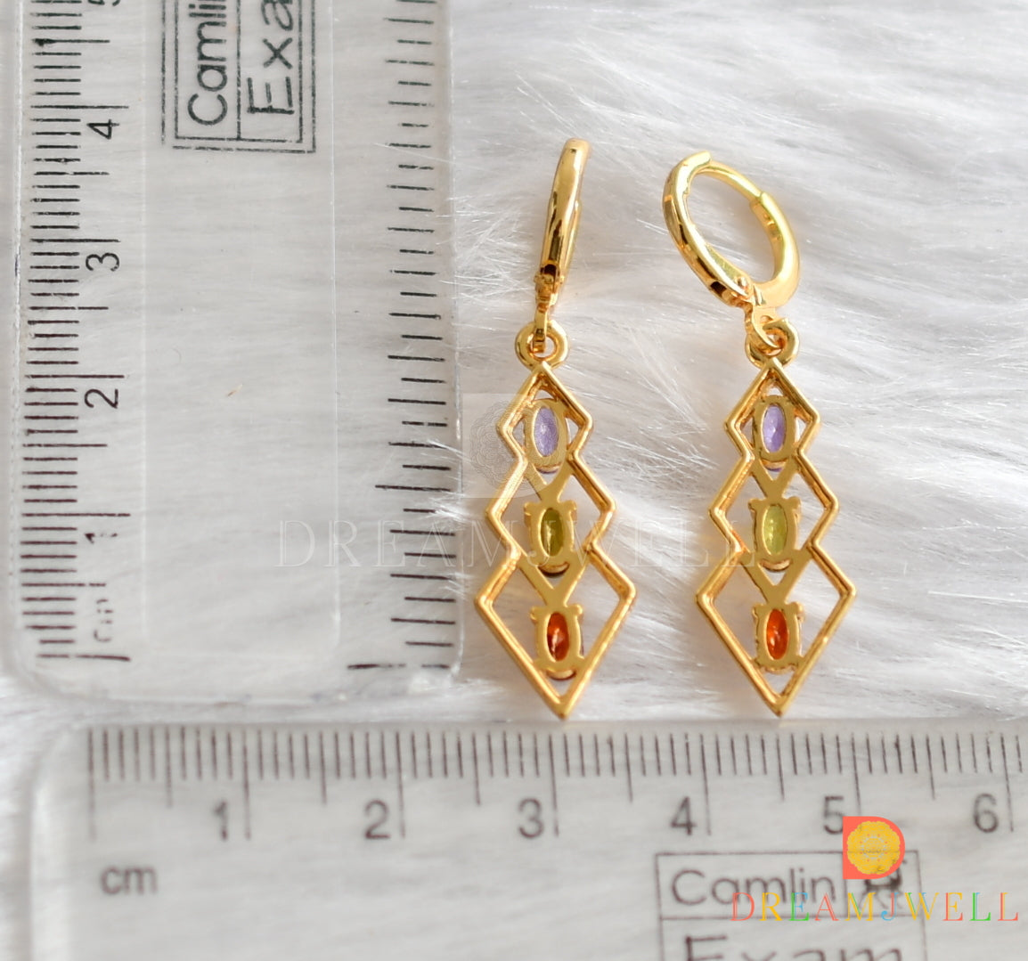 Gold tone brown-purple-green stone hoop earrings dj-38077