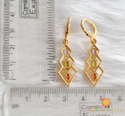 Gold tone brown-purple-green stone hoop earrings dj-38077