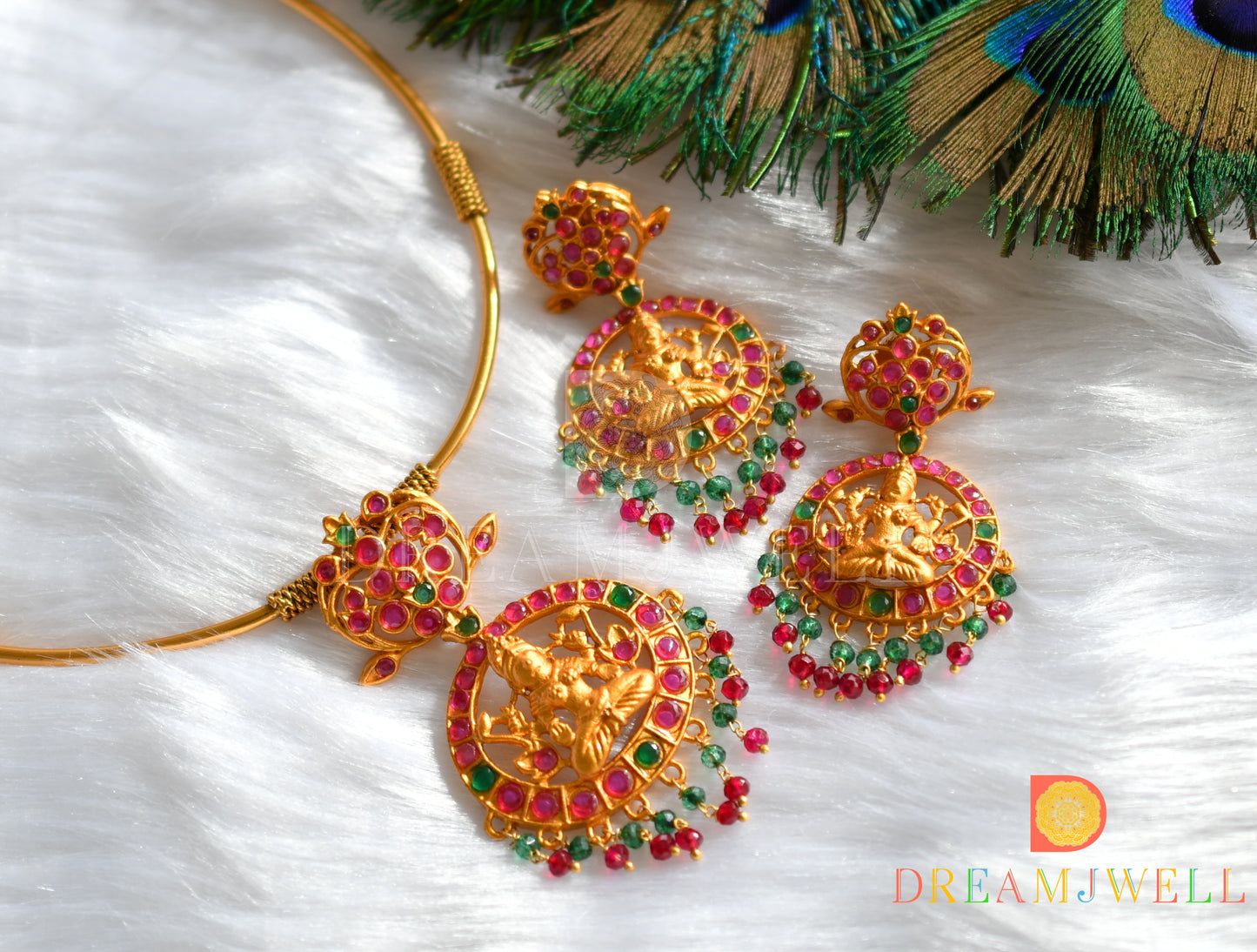 Matte finish ruby-emerald Lakshmi hasli necklace set dj-14472