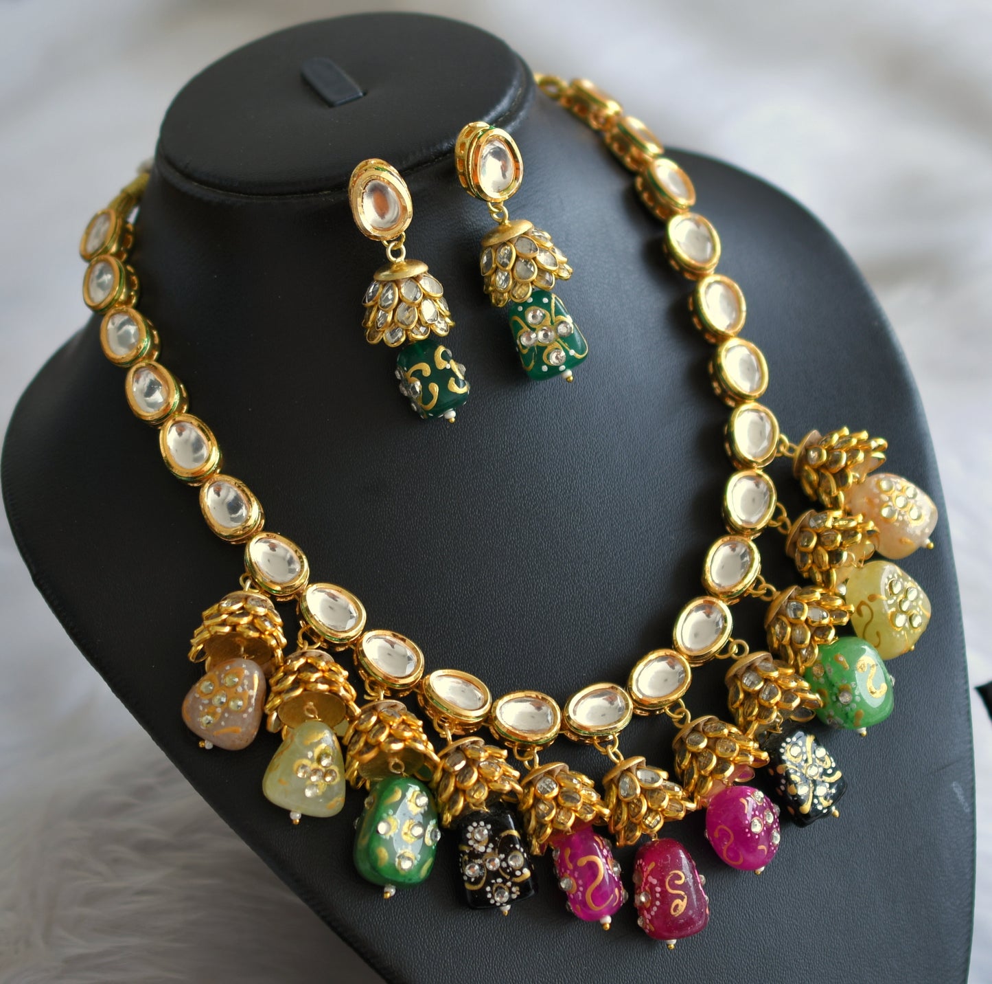 Gold tone Meenakari Hand Painted Beads Kundan Necklace Set DJ30119