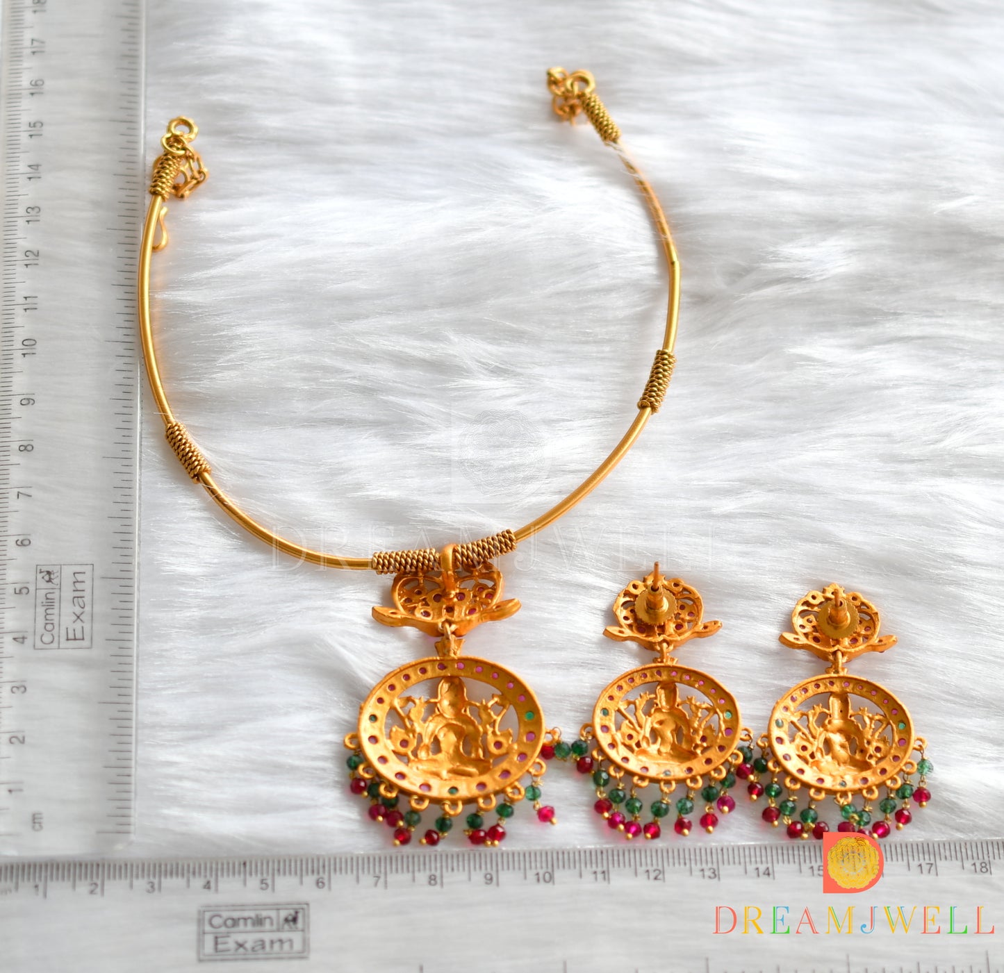 Matte finish ruby-emerald Lakshmi hasli necklace set dj-14472