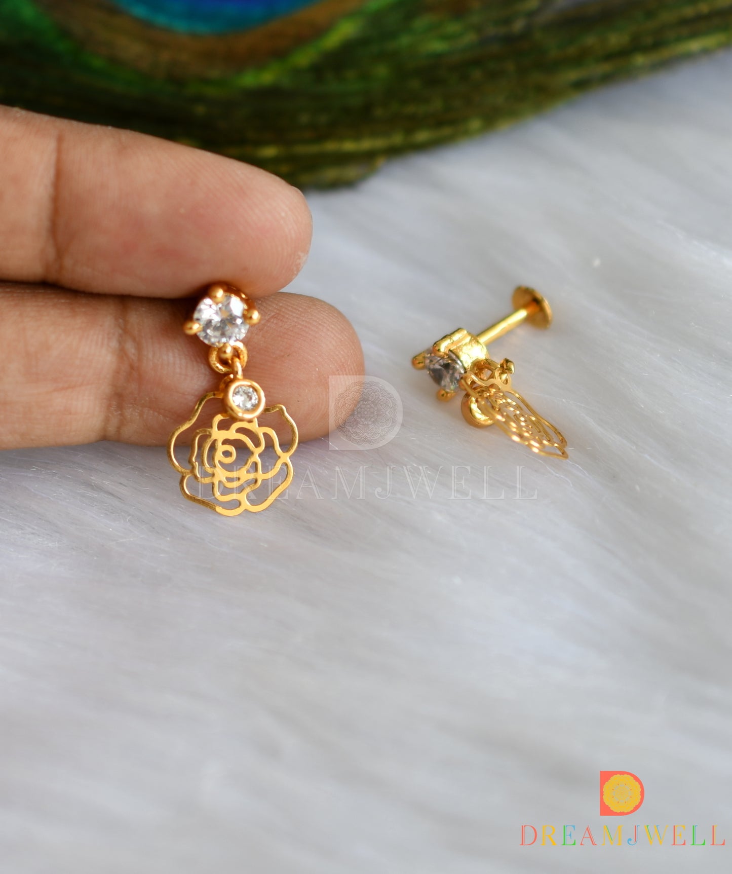 Gold tone white rose earrings dj-38082