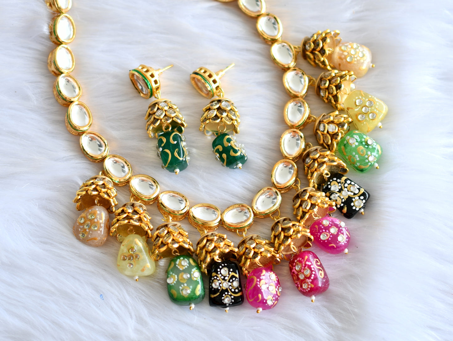 Gold tone Meenakari Hand Painted Beads Kundan Necklace Set DJ30119