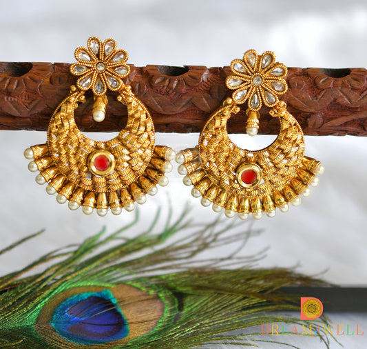 Antique gold tone ruby-white big bali earrings dj-37315
