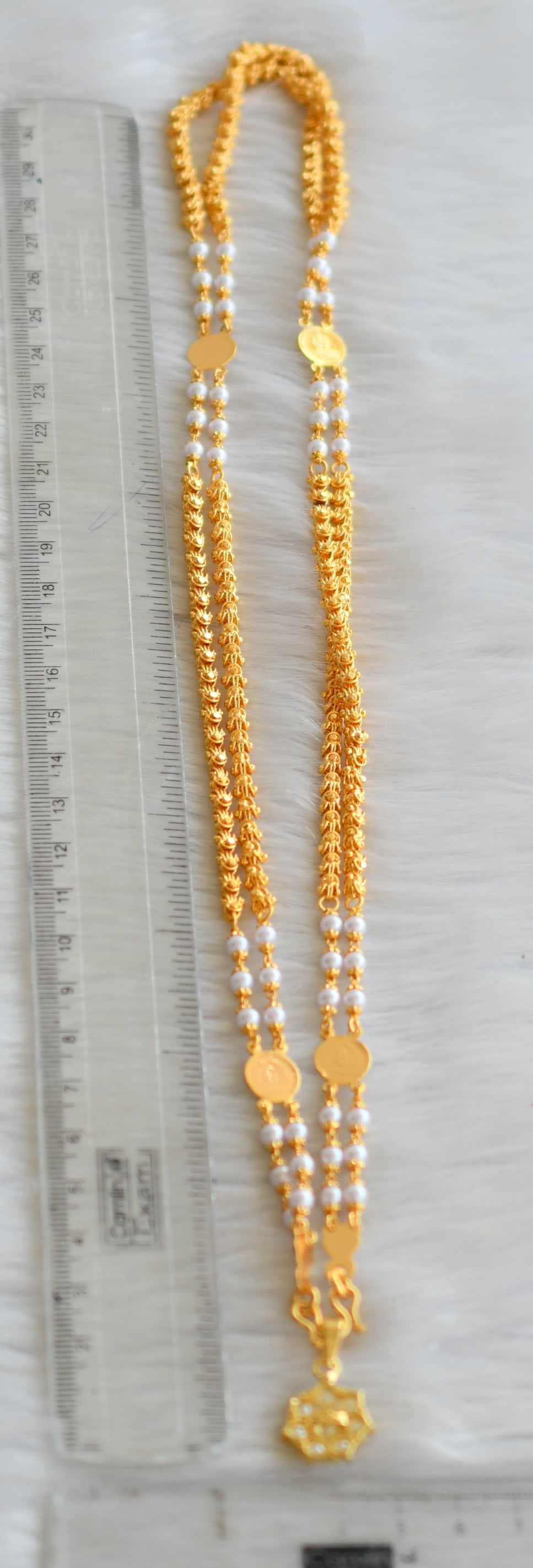Gold tone double layer Lakshmi coin chain with pearl pendant dj-41627