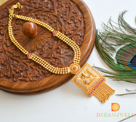 Gold tone pink stone Kerala style Lakshmi Necklace dj-36503