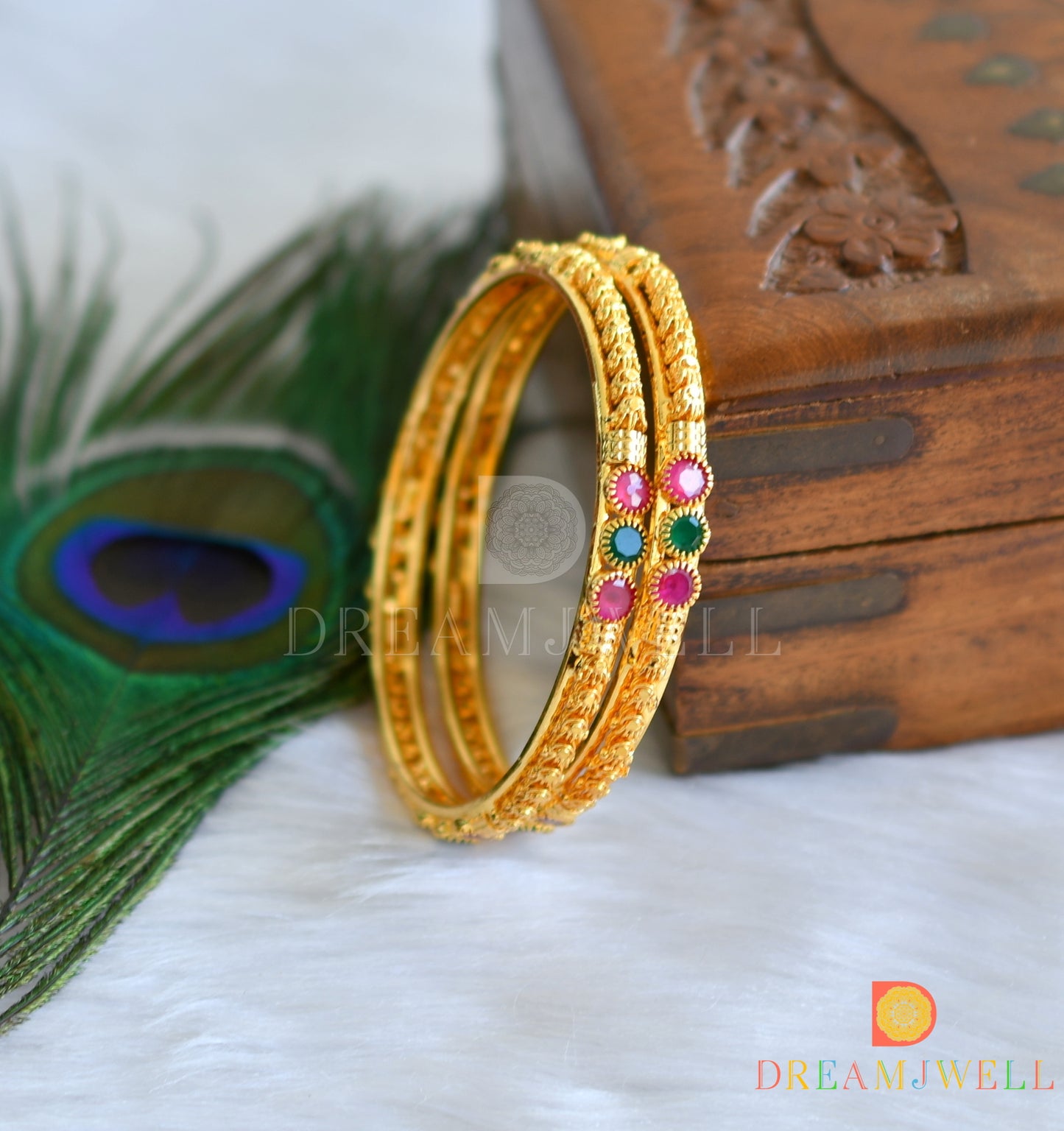 Gold tone ruby-emerald stone bangles (2.4) dj-14440