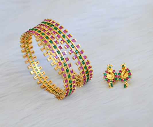 Gold tone ruby-emerald square stone bangles with earrings (2.8) dj-25143