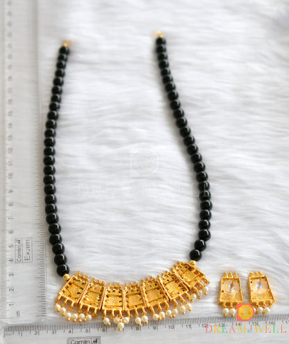 Gold tone kemp-green black beaded poothali necklace set dj-37285
