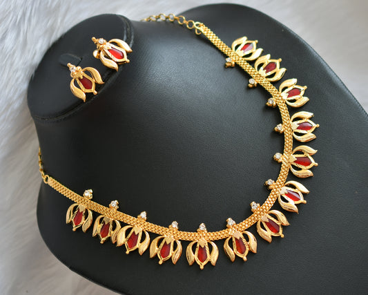 Gold tone red nagapadam Lotus Kerala style necklace set dj-38903