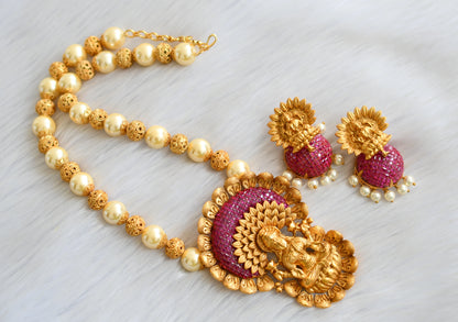 Matte finish ruby pearl beaded Lakshmi necklace set dj-03241