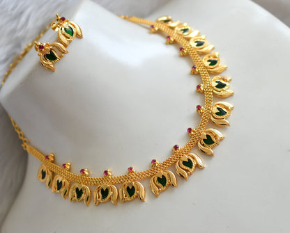 Gold tone pink-green mango-Lotus Kerala style necklace set dj-38905