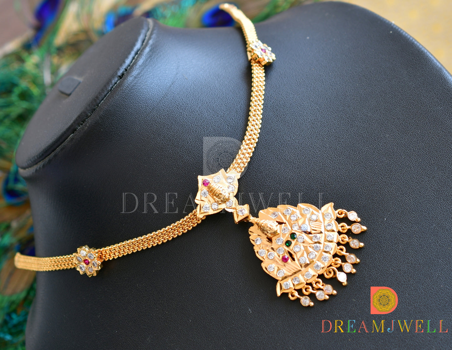 Gold tone pink-green-white Lakshmi South Indian style necklace