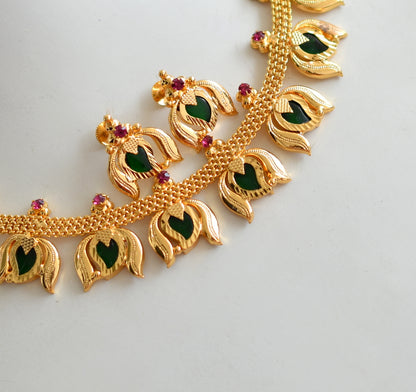 Gold tone pink-green mango-Lotus Kerala style necklace set dj-38905