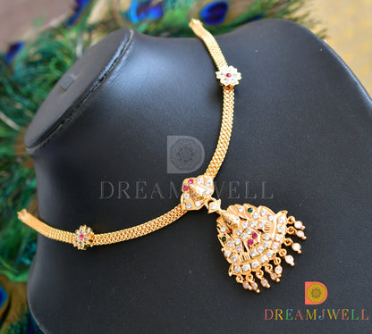 Gold tone pink-green-white Lakshmi South Indian style necklace
