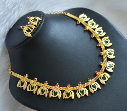 Gold tone pink-green mango-Lotus Kerala style necklace set dj-38905