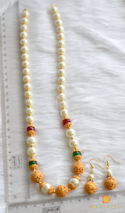 Matte finish ruby-emerald-pearl beads hand made necklace set dj-37319