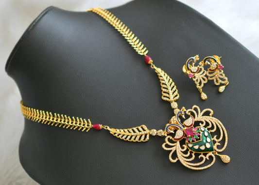 Gold tone cz meenakari peacock Long necklace set dj-03206