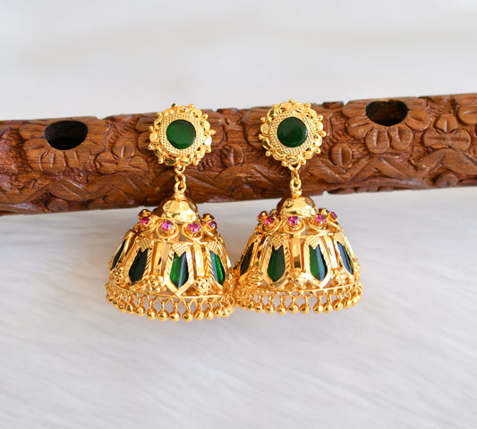 Gold tone pink-green Nagapadam Kerala style 8 petal jhumkka dj-40301