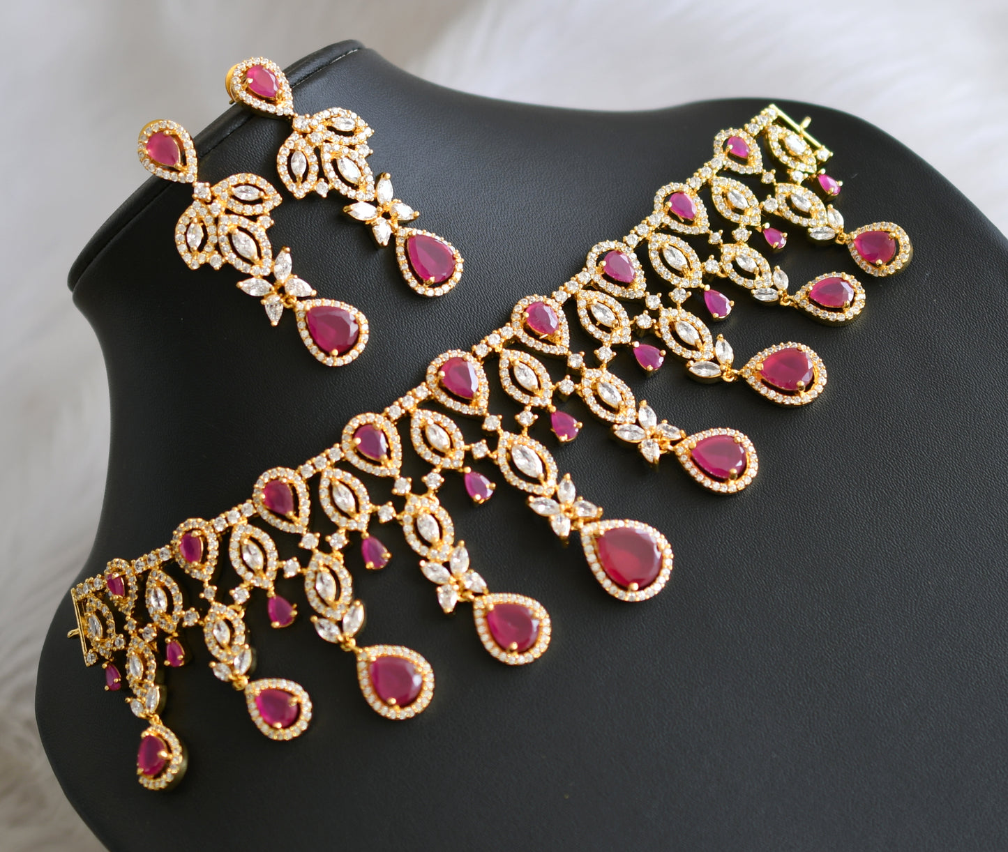 Gold tone cz-ruby bridal choker necklace set dj-03229