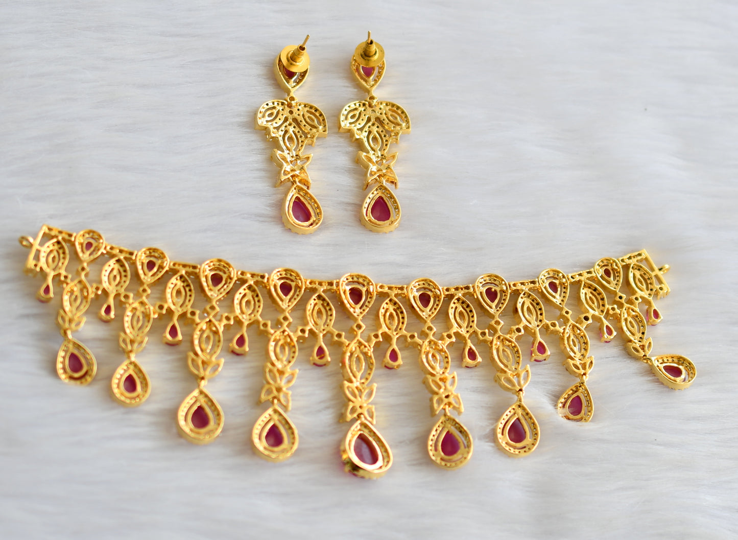 Gold tone cz-ruby bridal choker necklace set dj-03229