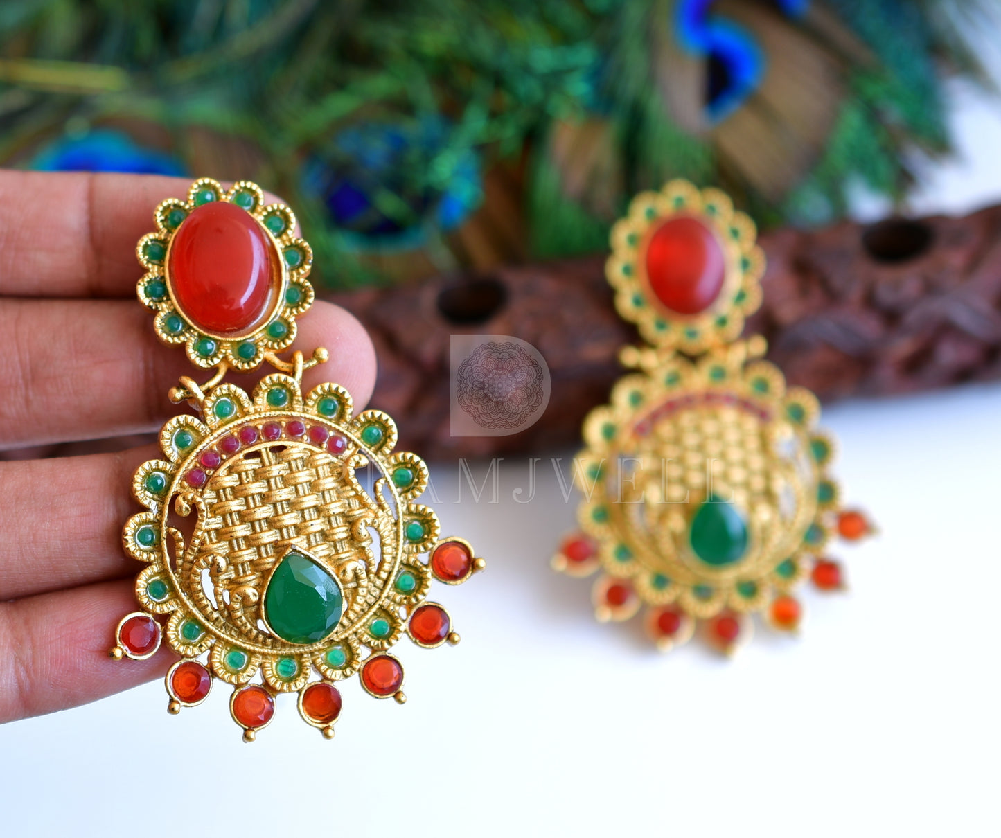 Matte Finish Red-green Party Wear Earrings dj-04850