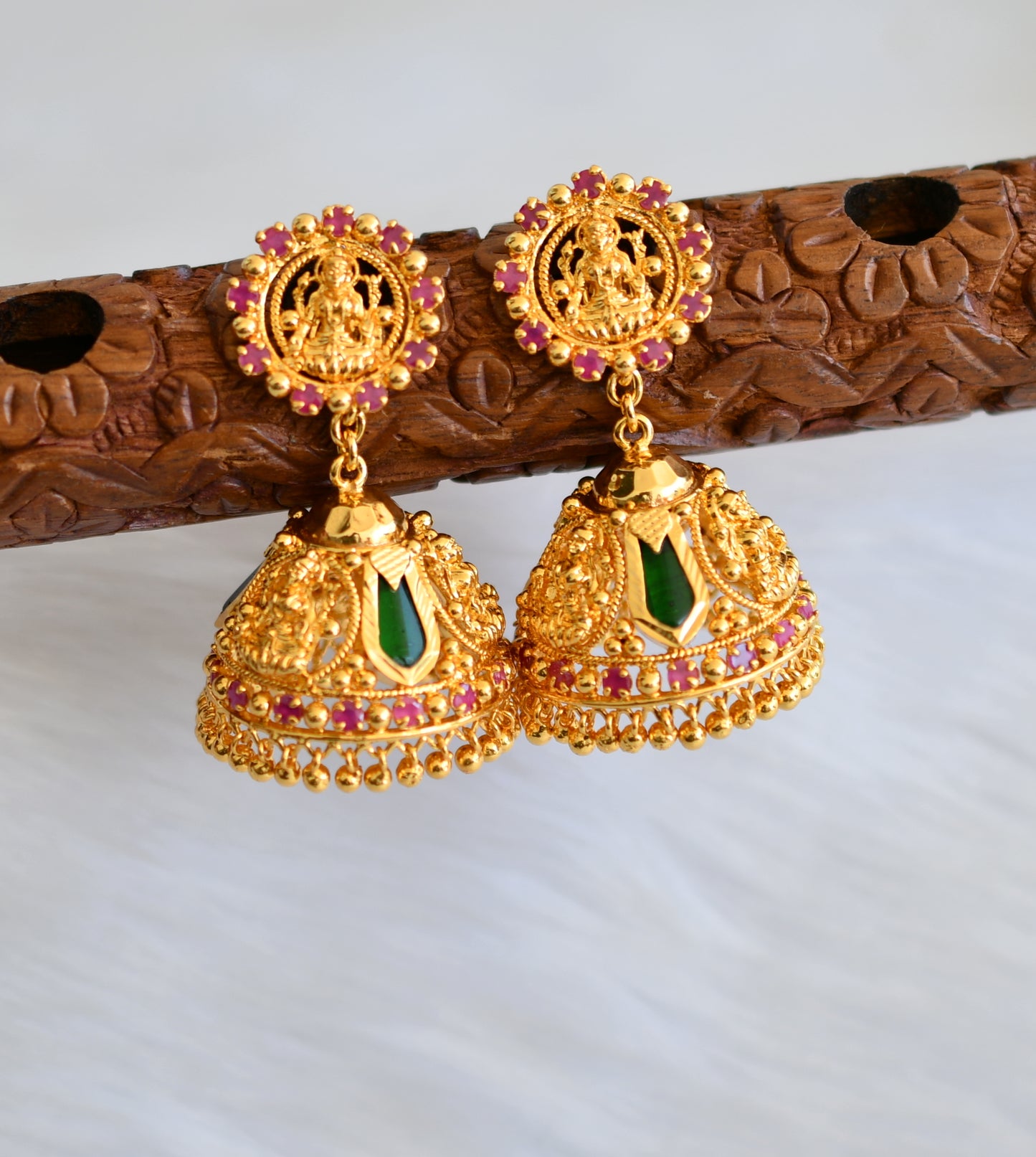 Gold tone pink-green Nagapadam Lakshmi 3 petal jhumkka dj-40302