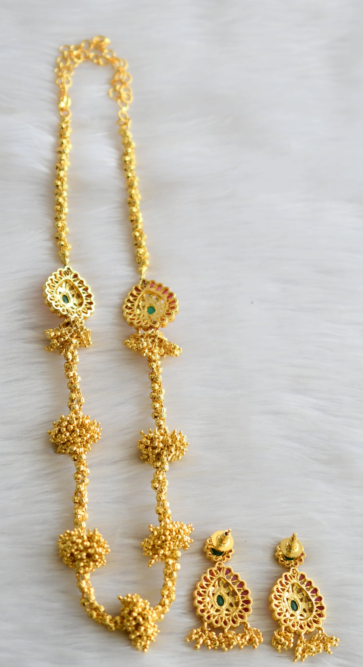 Gold tone ruby-emerald mugappu necklace set dj-03236