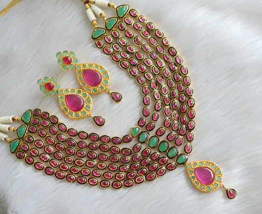 Gold tone semiprecious ruby -emerald multilayer bridal necklace set dj-03174