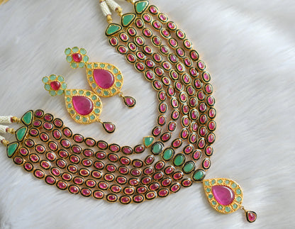 Gold tone semiprecious ruby -emerald multilayer bridal necklace set dj-03174