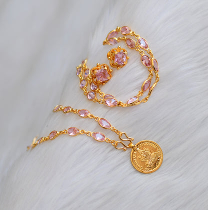 Gold tone Lakshmi coin baby pink stone chain Lakshmi coin pendant set dj-40311