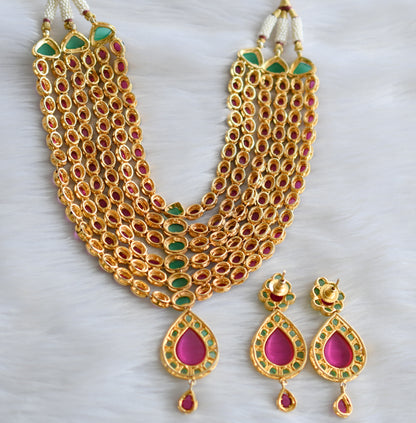 Gold tone semiprecious ruby -emerald multilayer bridal necklace set dj-03174