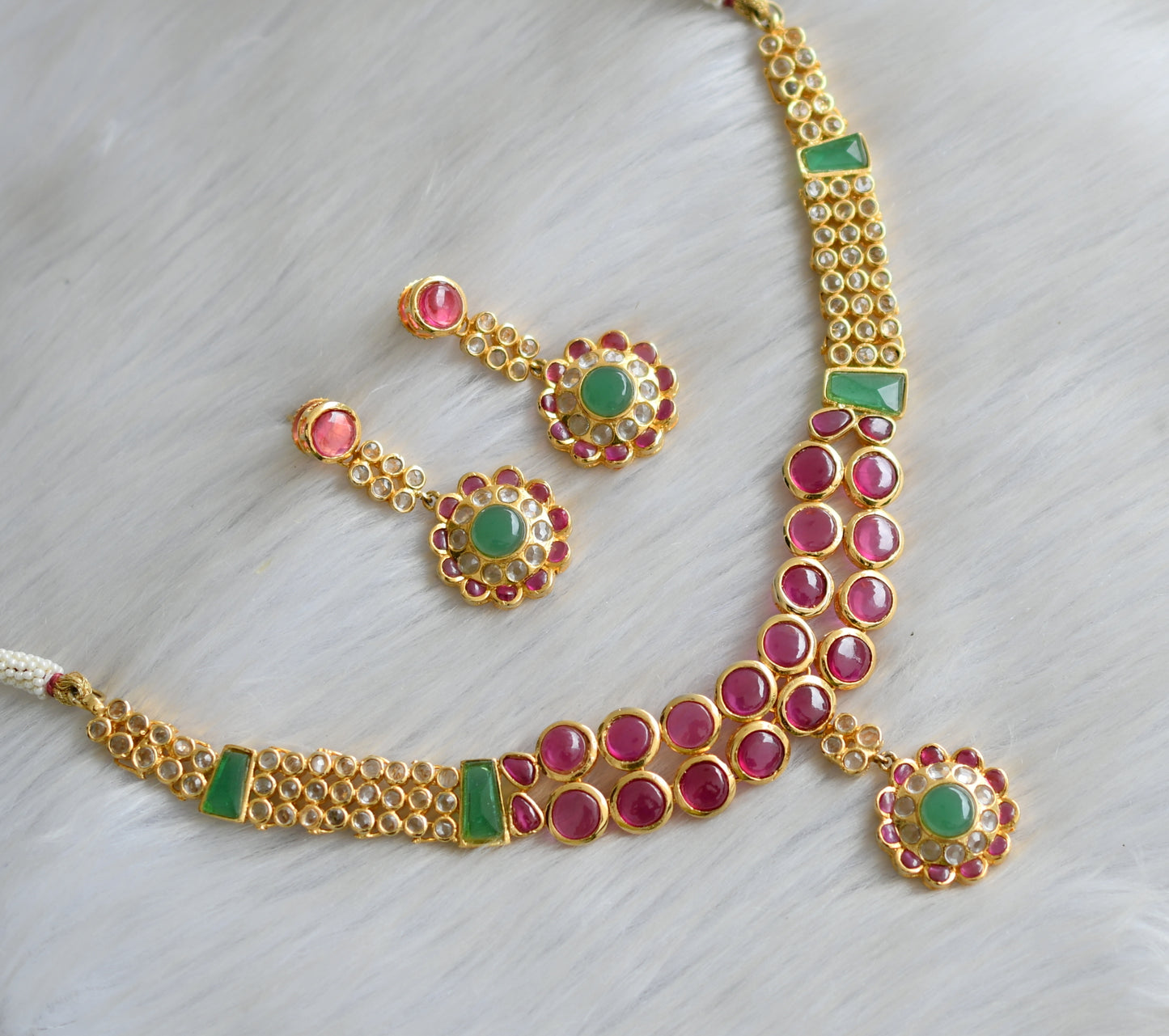 Gold tone semiprecious ruby-emerald necklace set dj-03169