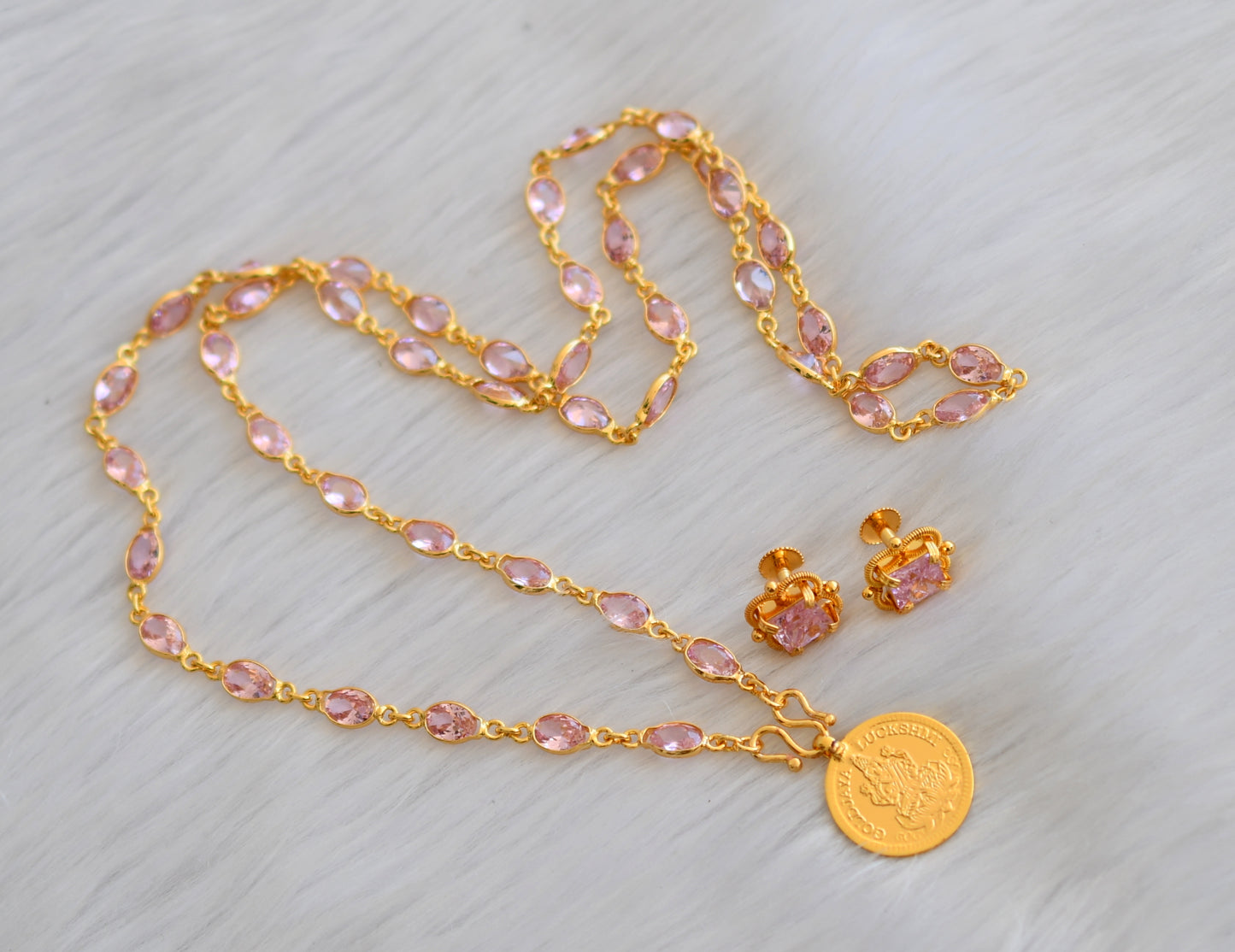 Gold tone Lakshmi coin baby pink stone chain Lakshmi coin pendant set dj-40311