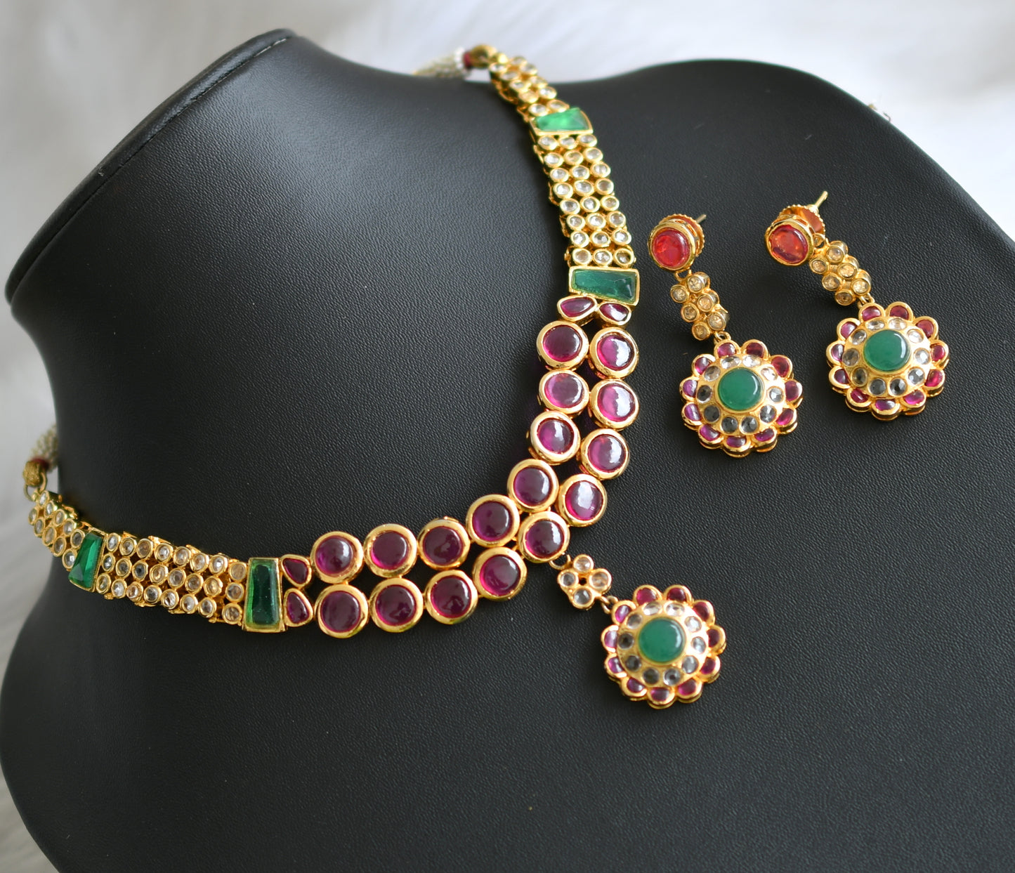 Gold tone semiprecious ruby-emerald necklace set dj-03169