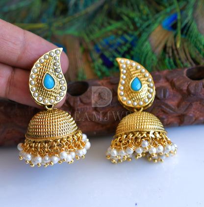 Antique Pearl-skyblue Mango Jhumkkas dj-04964