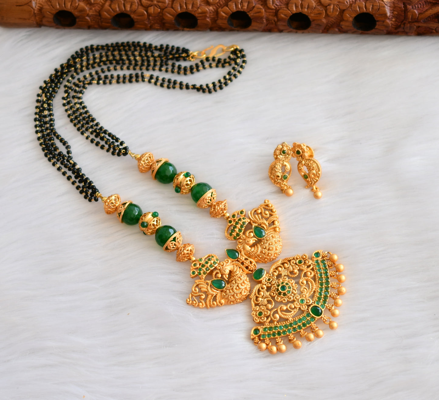 Matte finish emerald peacock mangalsutra set dj-19688