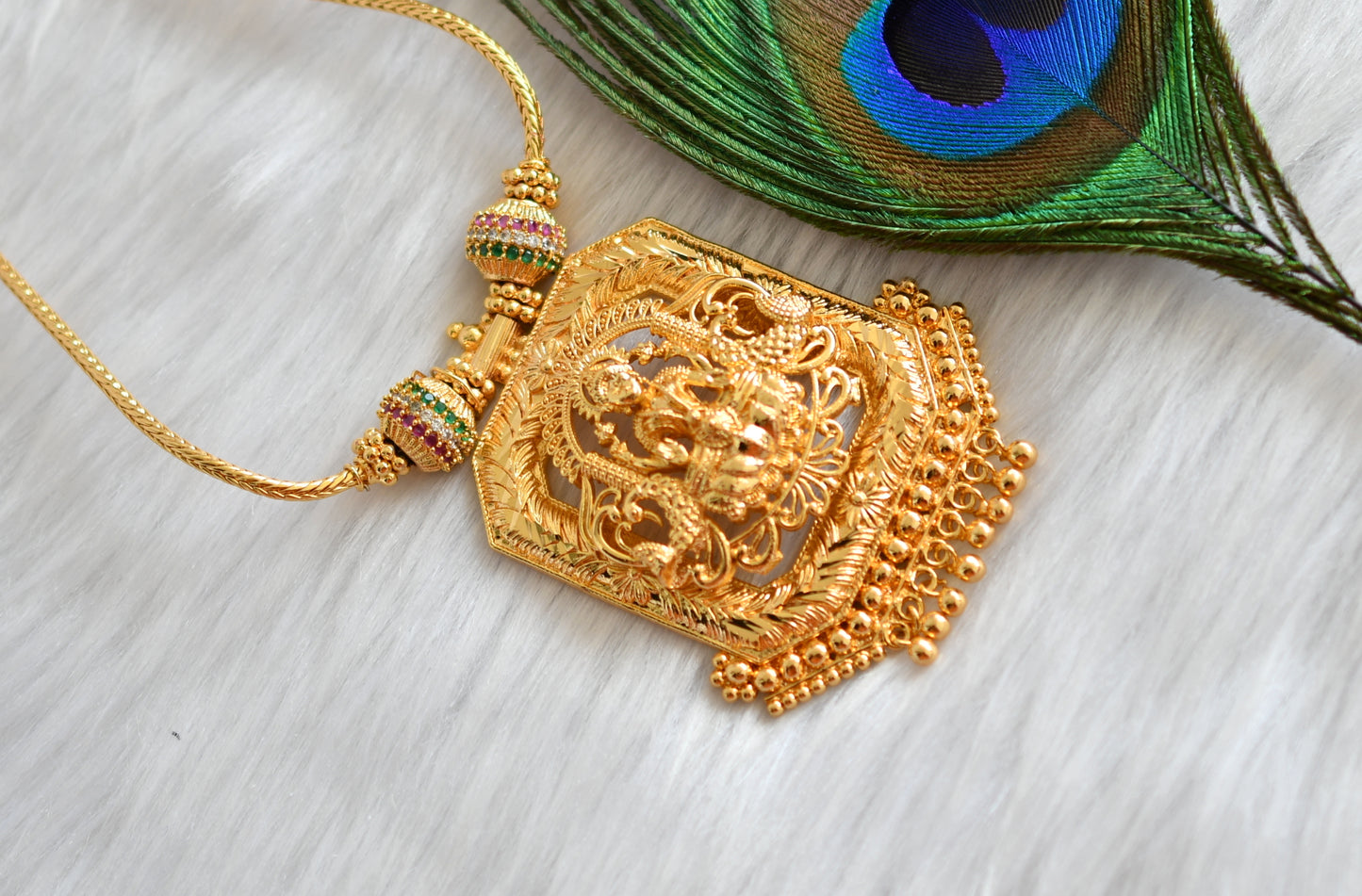 Gold tone  white-ruby-emerald stone Lakshmi pendant necklace dj-38897
