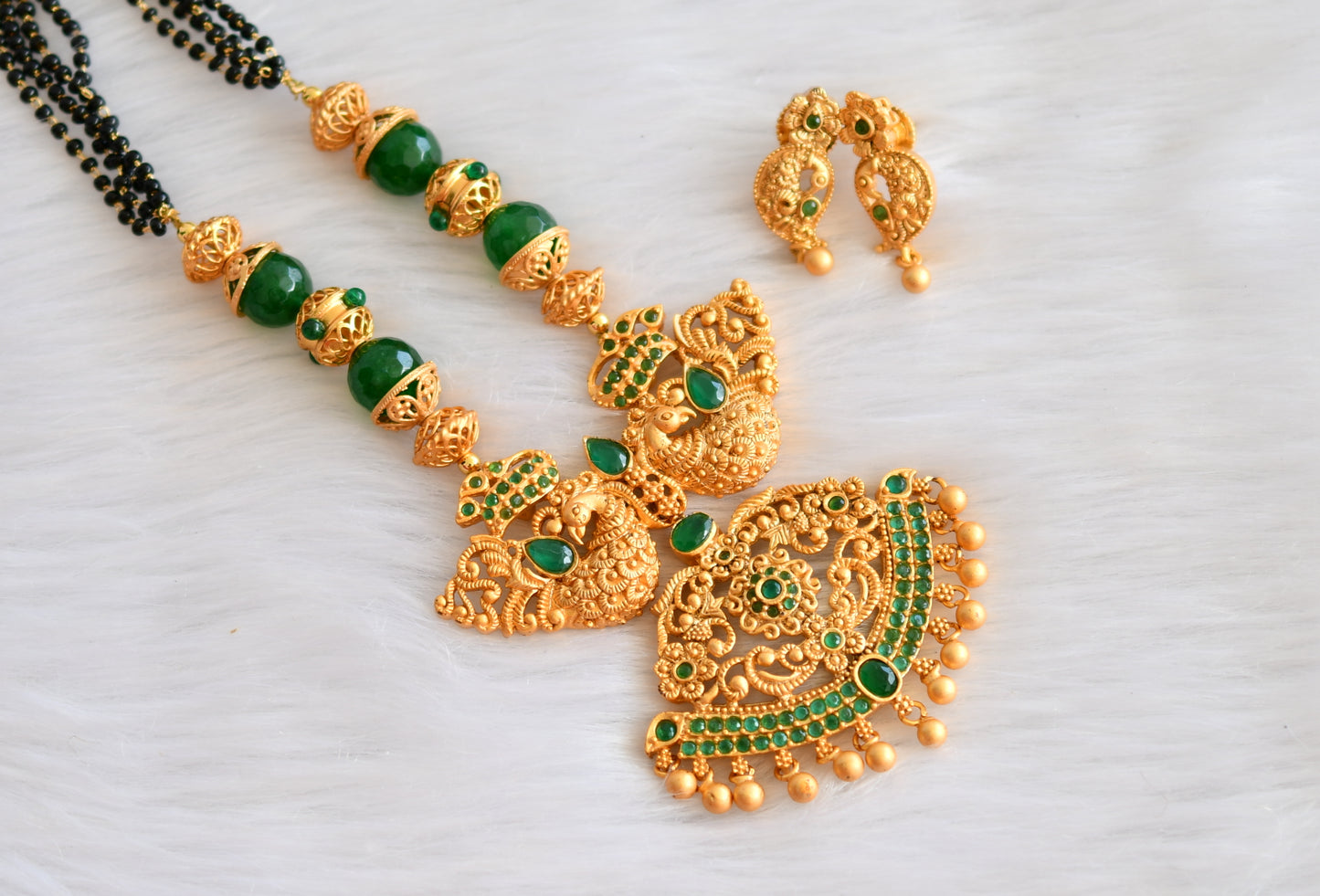 Matte finish emerald peacock mangalsutra set dj-19688