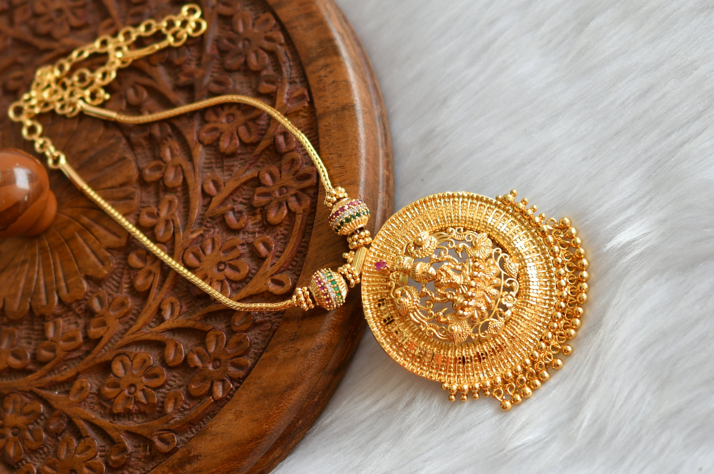 Gold tone white-ruby-emerald stone Lakshmi round pendant necklace dj-38898