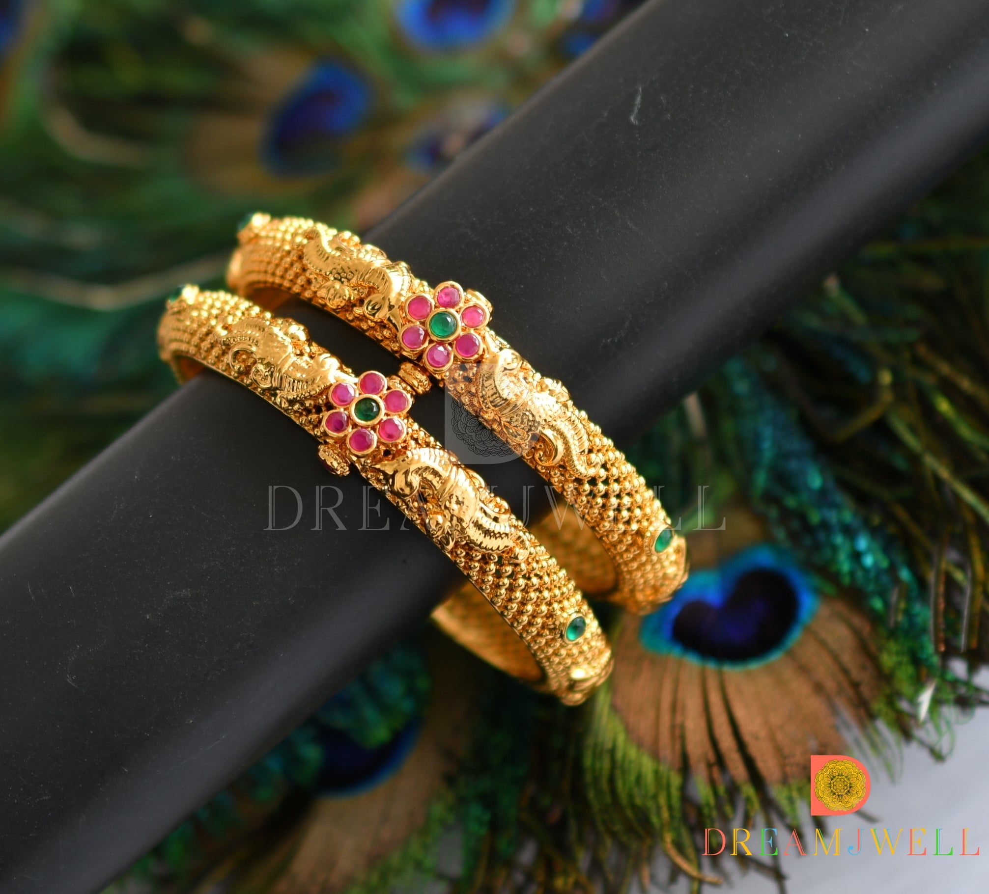 26 Premium Quality RubyEmerald Stones FlowerScrew Design Matte Finish  Two Bangles Set By Online