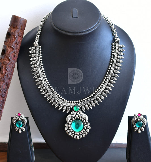 Silver tone green-pink peacock necklace set dj-35772