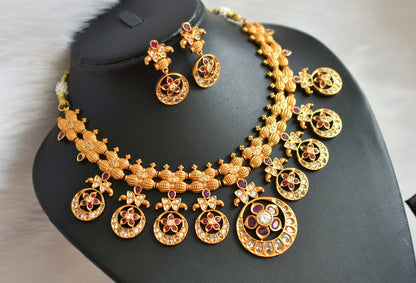 Matte finish ruby-white flower designer necklace set dj-19563