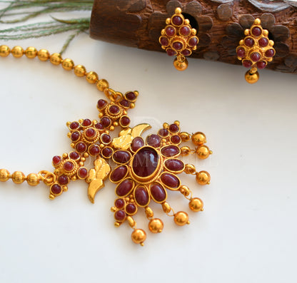 Antique gold tone maroon peacock necklace set dj-29554