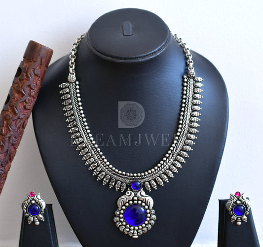 Silver tone blue peacock necklace set dj-35774
