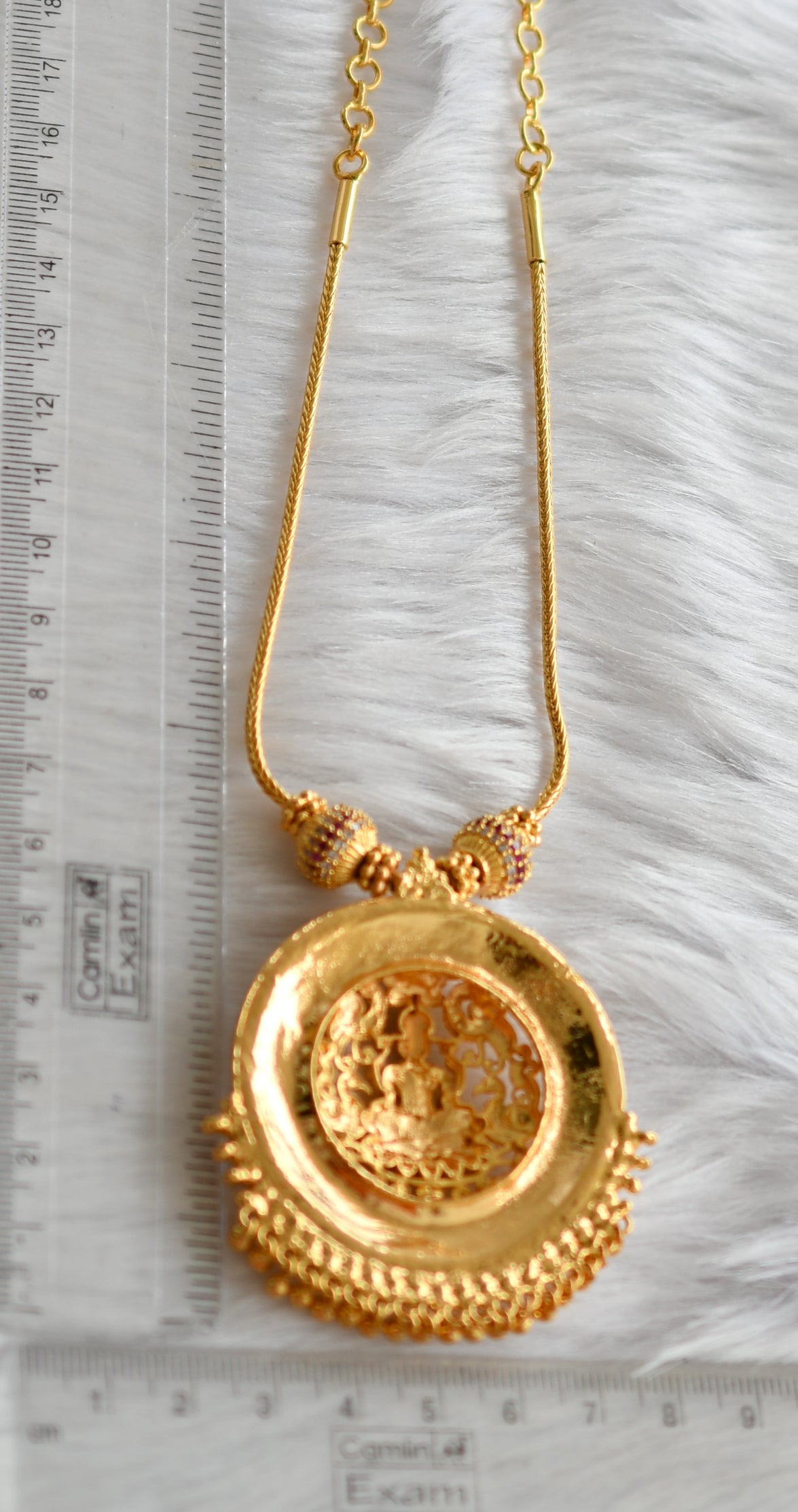 Gold tone white-ruby stone Lakshmi round pendant necklace dj-38901