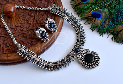 Silver tone black peacock necklace set dj-35771