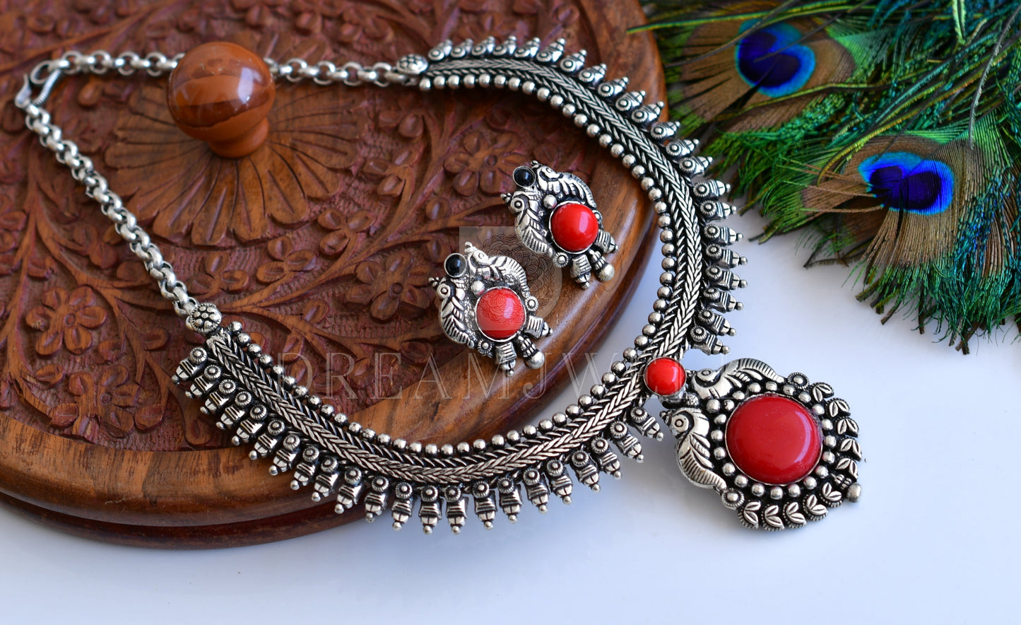 Silver tone coral stone peacock necklace set dj-35768