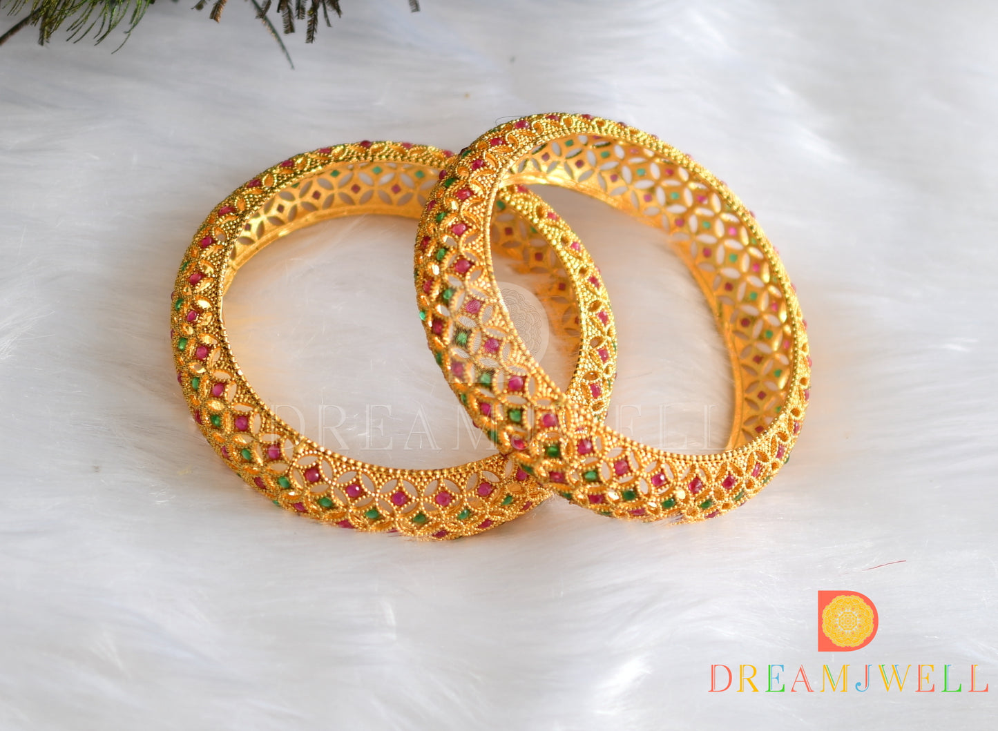 Gold plated ruby-emerald set of 2 Bangles dj-07946